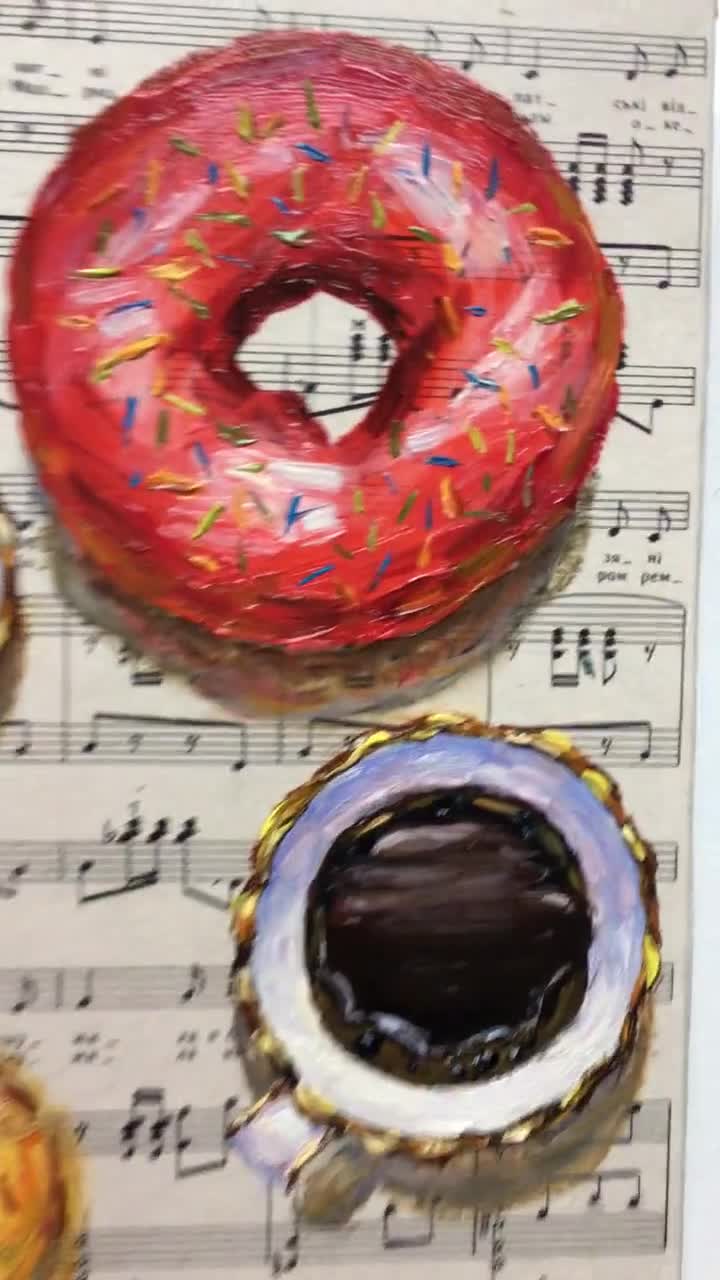オリジナル油絵ドーナツの絵ドーナツアートドーナツの壁画コーヒー