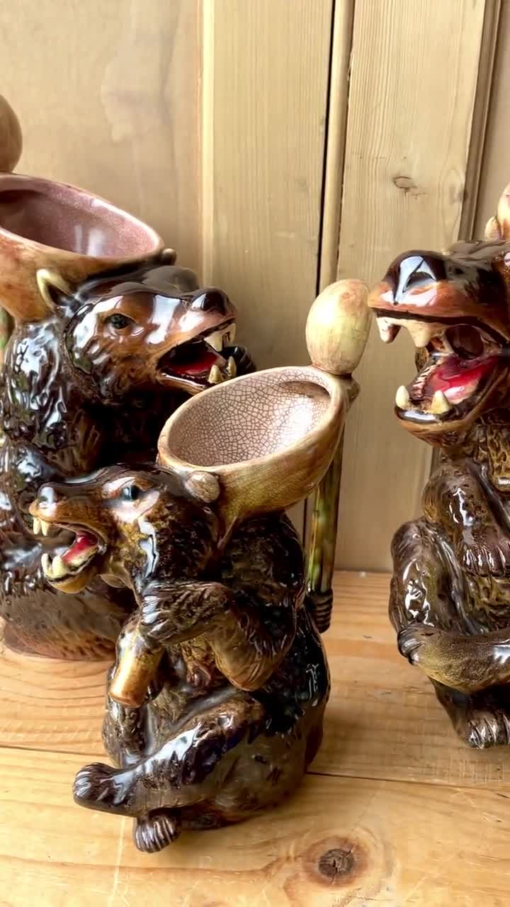 Joseph Holdcroft Majolica Syrup Jugs | Set of Three Bear Syrup
