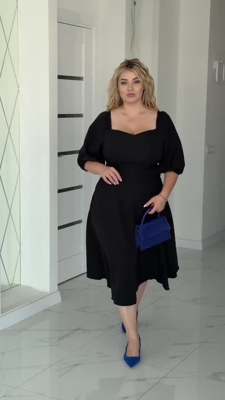 Elegant Black Plus Size Midi Dress  Puff Sleeve Classic A-Line Dress   Formal Zip Back Dress for Women 2XL4XL - Bridesmaid Robes