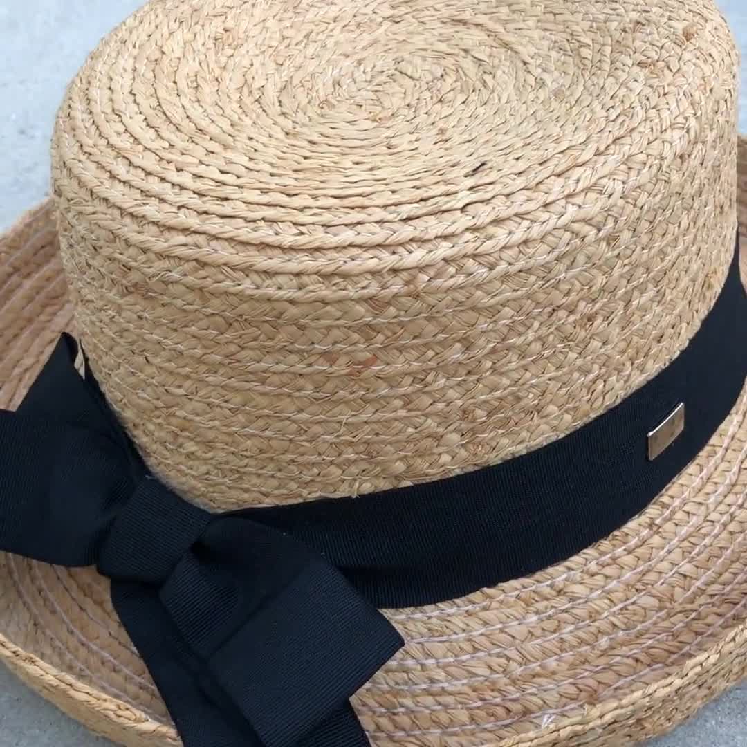 Boho Hat, Straw Hat, Floppy Vintage Hat, Linda White Black Bow White / 57cm