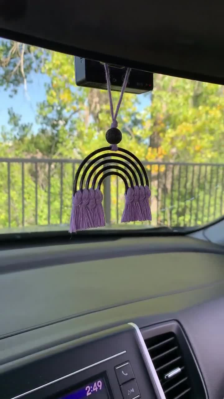 Boho Rainbow Ciondolo Per Specchietto Auto In Macramè – Perline In Legno, Diffusore Per Oli Essenziali, Fatto A Mano (Rosa)