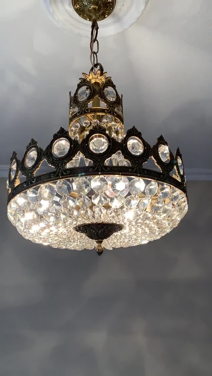 13.5 Brass & Crystal Basket Chandelier Vintage Restored Working Lighting  From Spain -  Canada