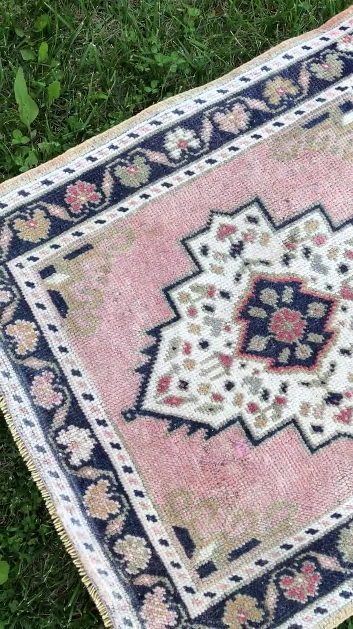 2x2 Square Vintage Rug, Blue Oushak Rug, Rose Gold Turkish Rug , White Kitchen Runner cheapest Mat, Small Oriental Rug, Red Front Door Mat 1'11