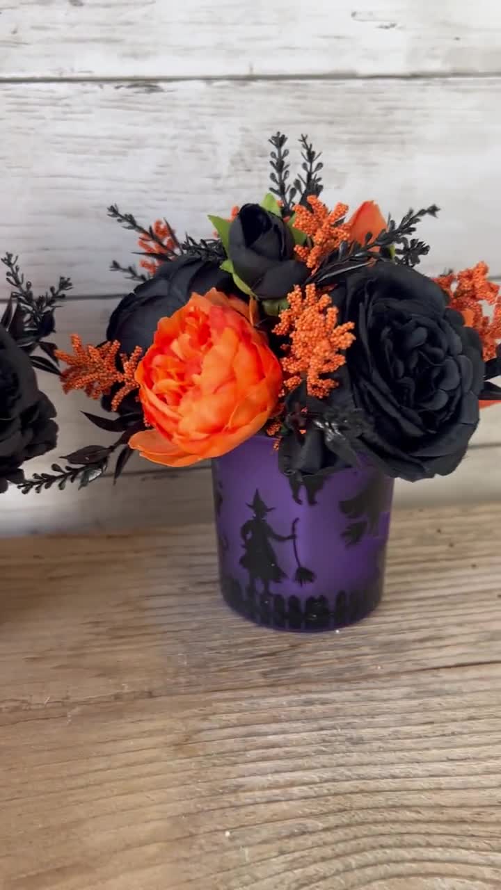 5 Decorazioni Halloween - Fiori Artificiali Neri Con Foglie D'Acero E Zucche - Steli Da 53 Cm