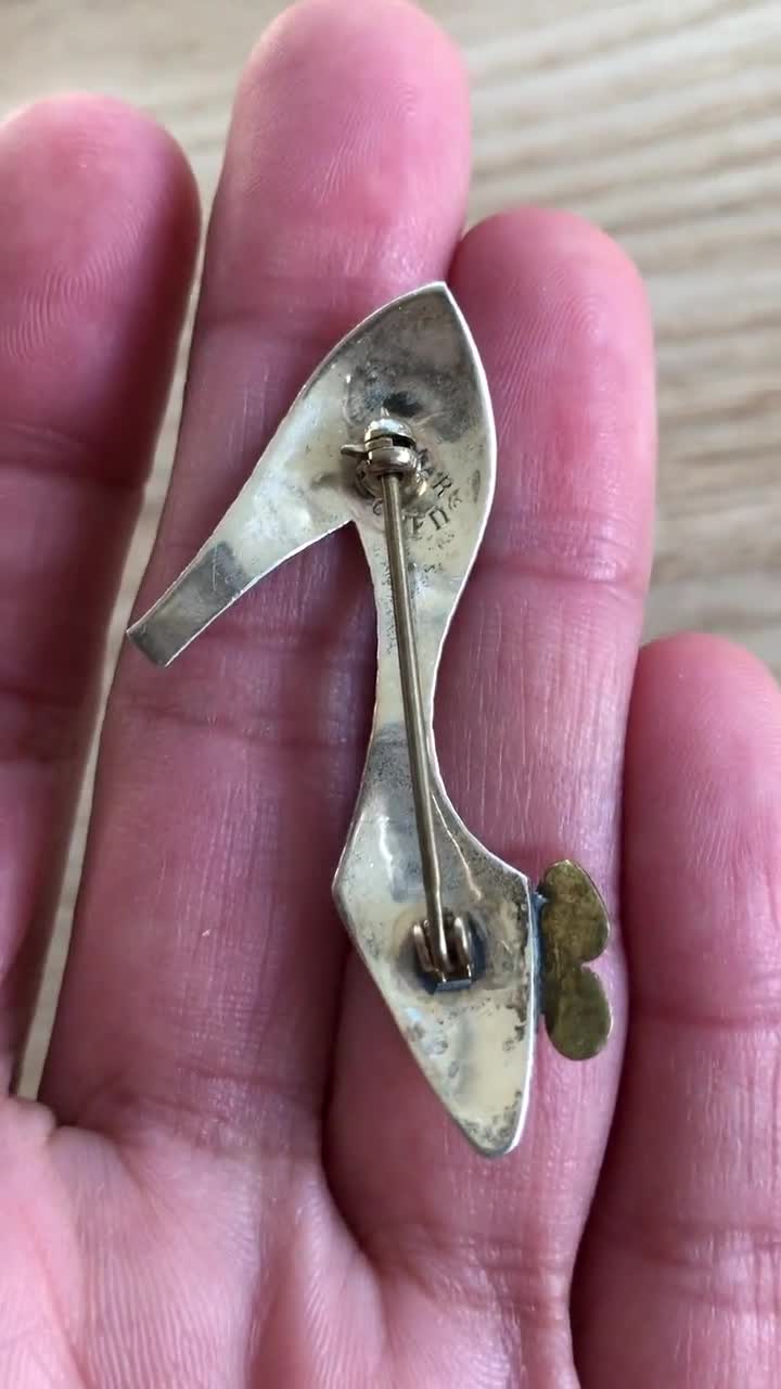 Vintage Brooch Silver Shoe With a Flower, Silver Brooch High