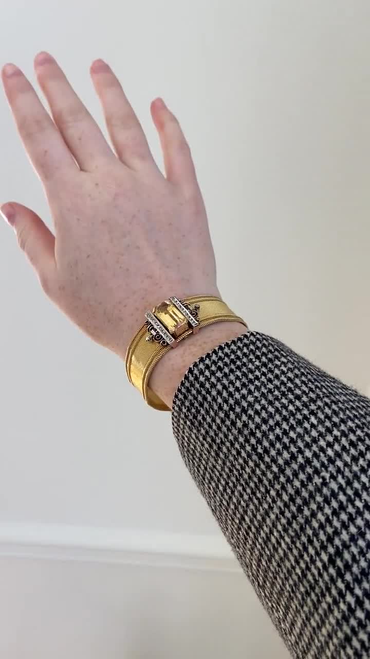 Milanese mesh cuff bracelet, diamonds and citrine