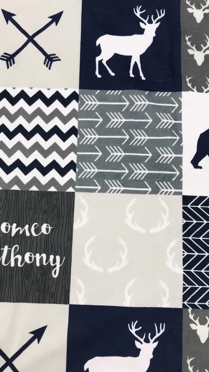 Ready to Ship, Navy, Grey, Deer, Quilt, Antler, Bear, Keepsake Quilt, Moose, Woodland Baby Shower, Arrow, Gift for him, outlets Baby shower gift