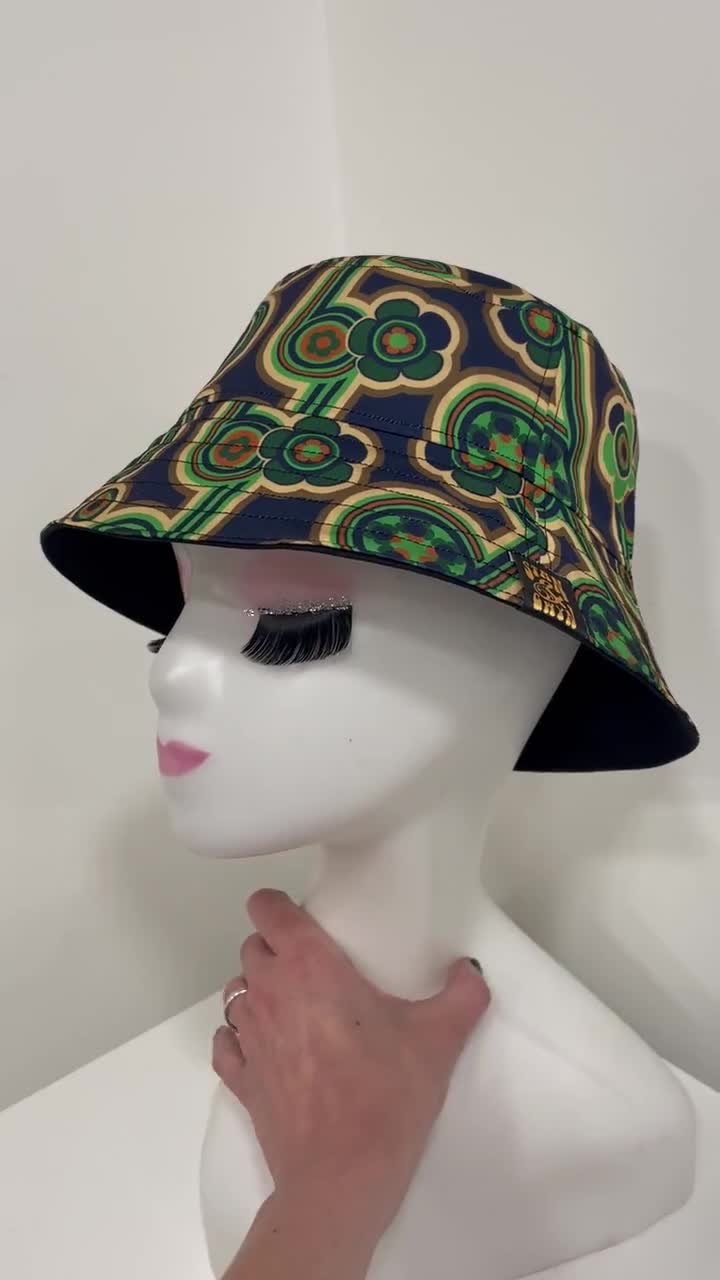 Vintage Print Hat, Green Bucket Hat, Patterned Sun Hat, Retro