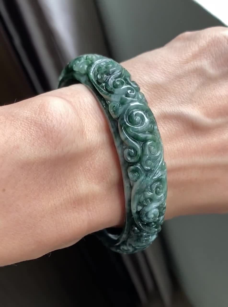 Carved Ancient Style 65-66mm Nephrite Jade Bangle Bracelet - 3JADE  wholesale of jade carvings, jewelry, collectables, prayer beads