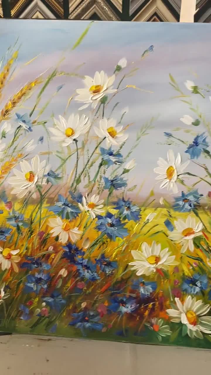 ウクライナの風景油絵 オリジナルの花畑の絵画 花の草原の芸術