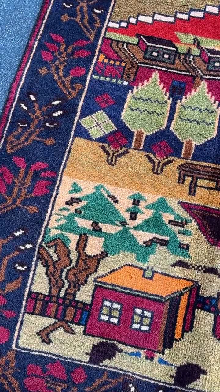 3x4-5 Handmade Vintage Afghan Baluch Rug Navy Blue Scarlet Brick
