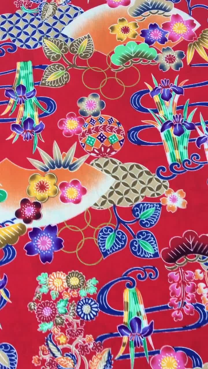 Red bingata print fabric Okinawa inspired Japanese cotton fabric fat quarter quilt decoration Japanese kawaii fabric, kimono yukata fabric video poster