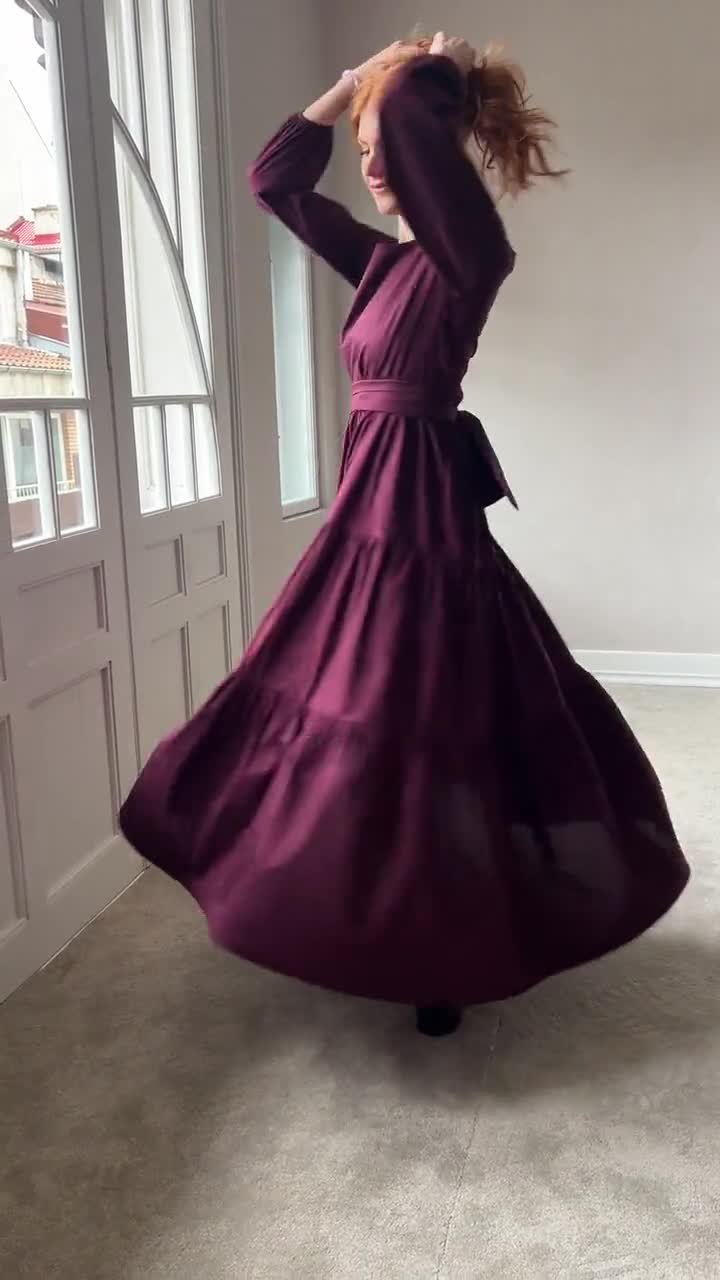 Burgundy Tiered Cotton Maxi Dress, Tie Waist Boho Gown for Women, Wedding  Guest Outfit
