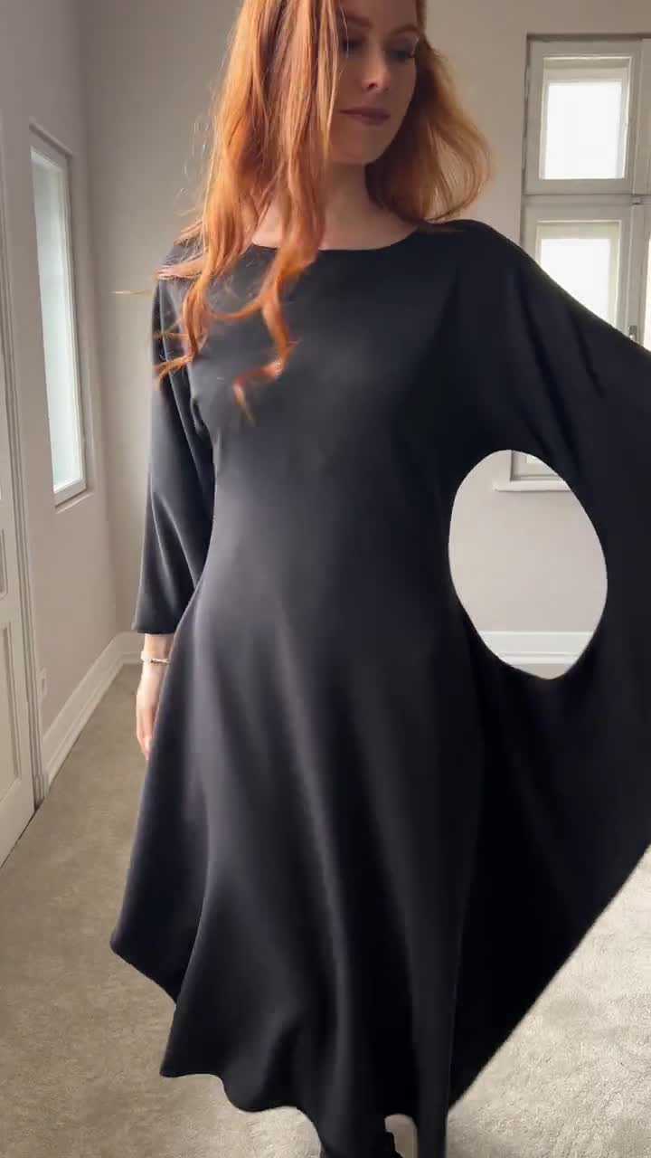 black dress with wing sleeves Beatrice Bat Wing Sleeve Satin Dress in Black