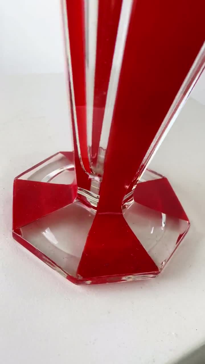 大きなヴィンテージ ムラーノ ガラスの花瓶 - 赤いストライプ