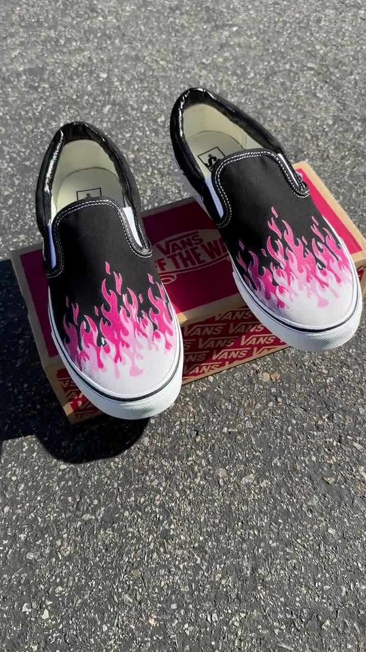 Hot Blue Flame Shoes - Custom Vans Black Slip On Shoes