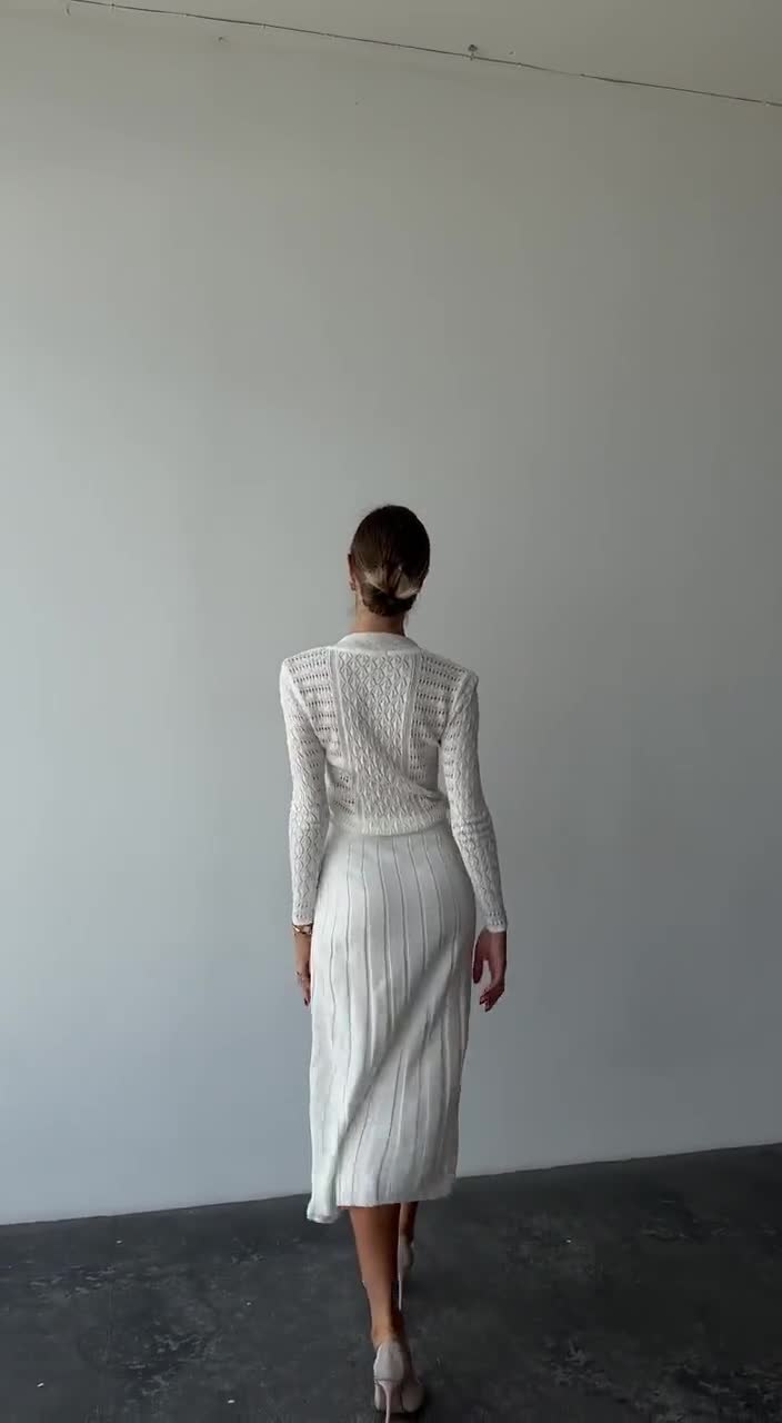 White Openwork Knit Midi Dress with Long Sleeves and Pleated Skirt