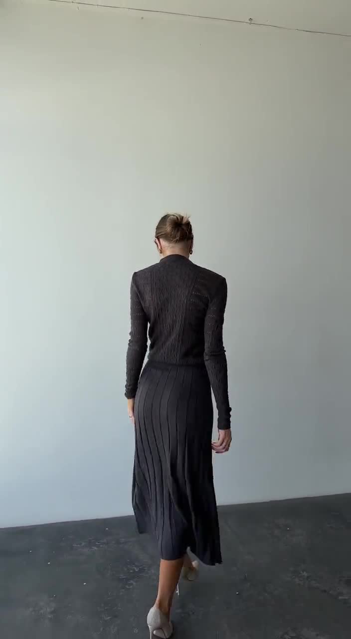 Dark Grey Openwork Knit Midi Dress with Cutout Bodice and Pleated Skirt