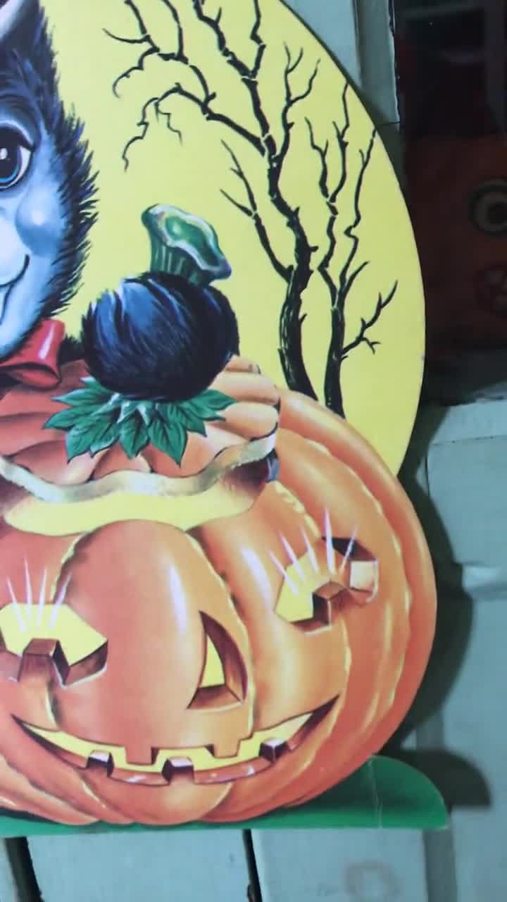 Vintage Halloween Die Cut Kitten Witch Jack O Lantern Pumpkin Head