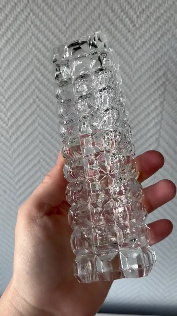 チェック柄ガラス花瓶 ヴィンテージチェック柄透明ガラス花瓶、細長いガラス花瓶、チェック柄