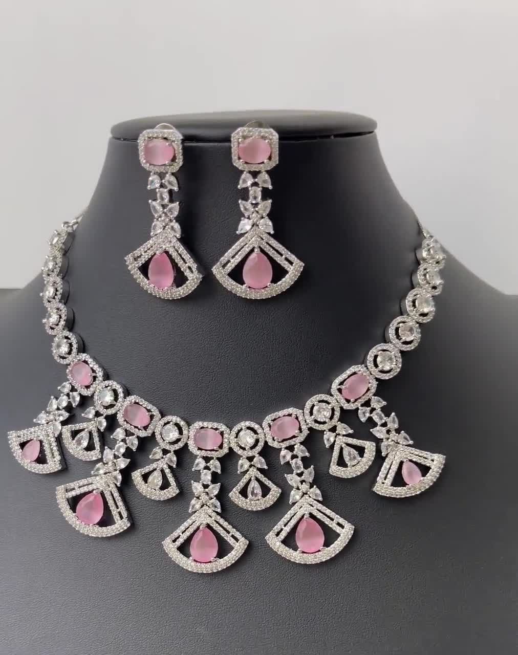 Indian Wedding Bridal AD Bollywood Pink American Diamond Choker CZ Necklace  Set