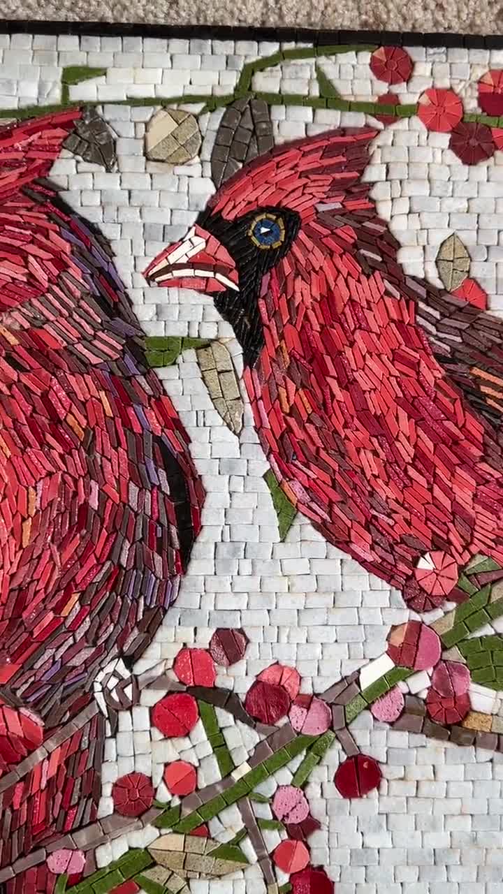 MOSAIC ART - Red Cardinals - Handmade Natural Stone Mural - Mosaic
