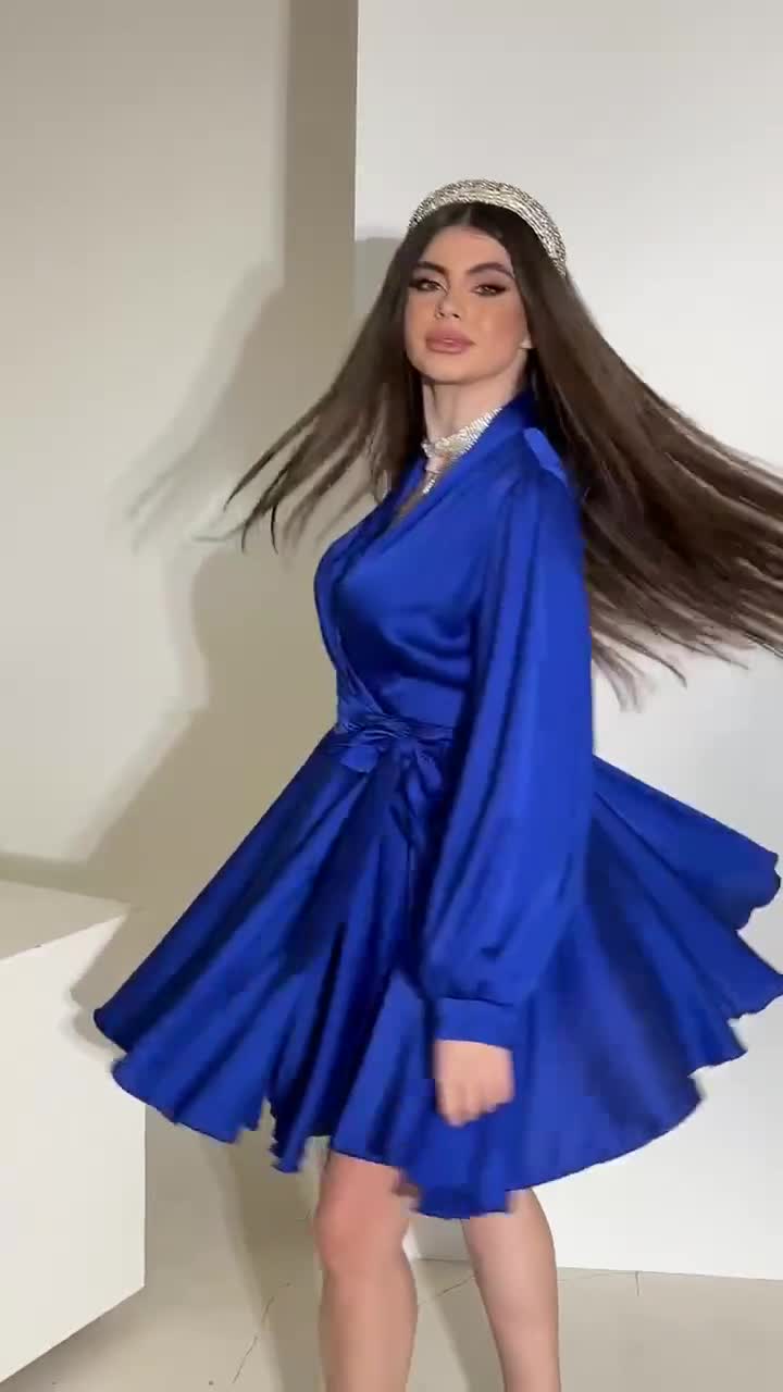 Electric Blue Silk Wrap Dress, Long Sleeve Mini Dress