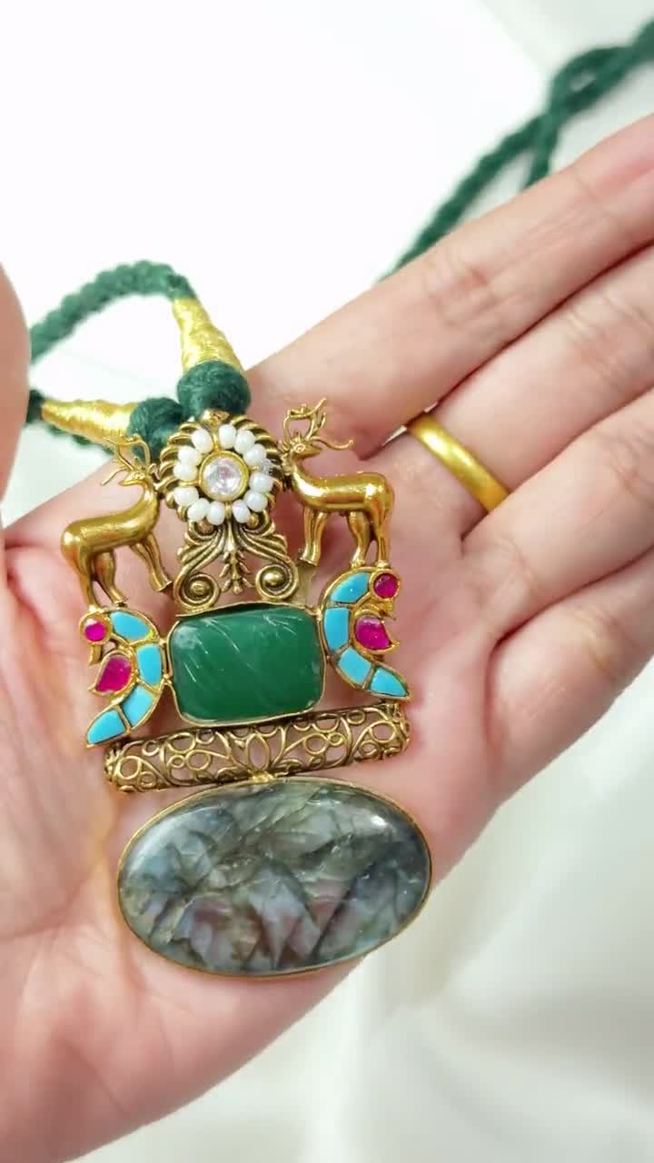 Handcrafted Sterling Silver Labradorite Necklace, Enamel Deer Pendant video poster