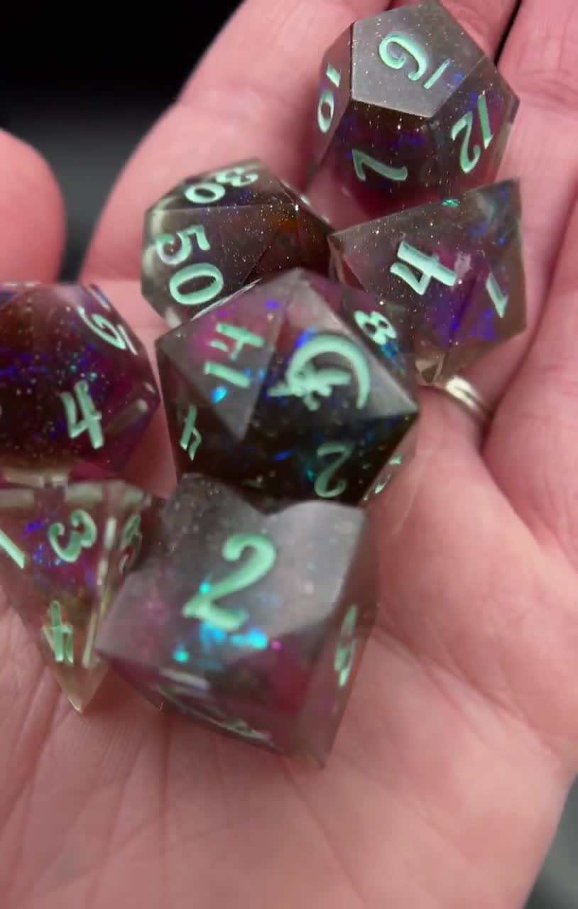 Celestial Stars, top 7 piece dice set, polyhedral dice, ttrpg dice, Dungeons and Dragons, Pathfinder dice, nebula dice, angel dice, galaxy dice