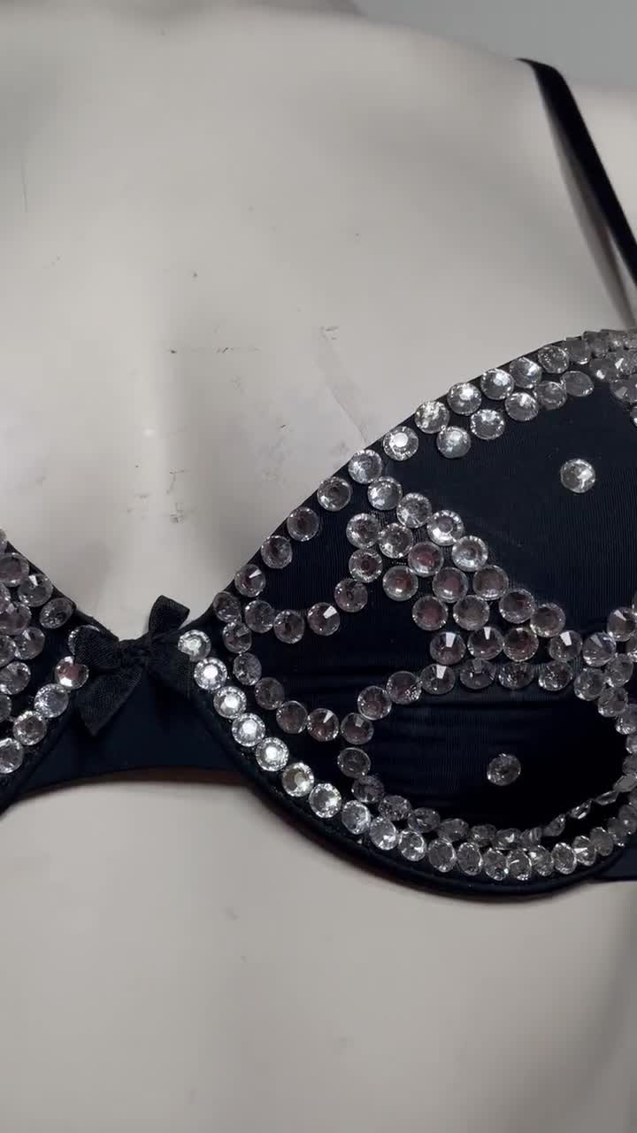 Black Bra, Clear Resin Rhinestone Embellished, Abstract Design on Cup Size  32B 