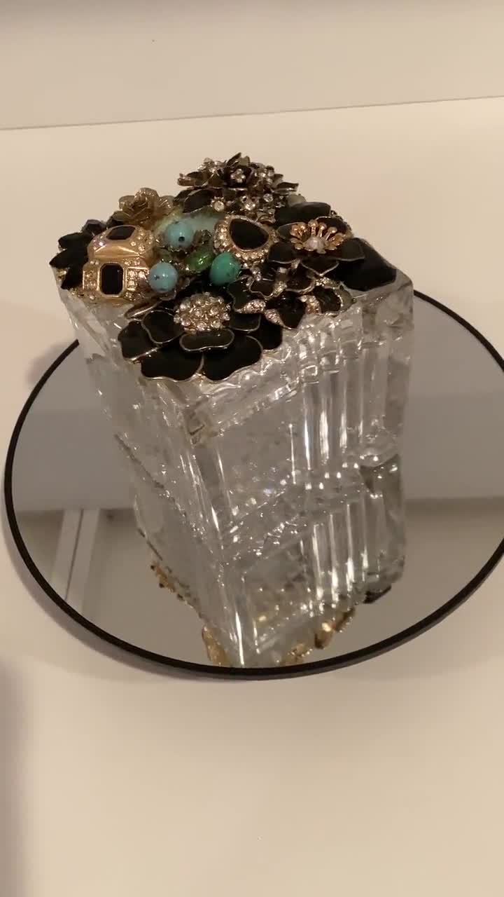 Cut glass jar, jewel encrusted lid, vanity jar, newest black, gold and turquoise jeweled jar, ornate jar, trinket jar, keepsake jar, unique