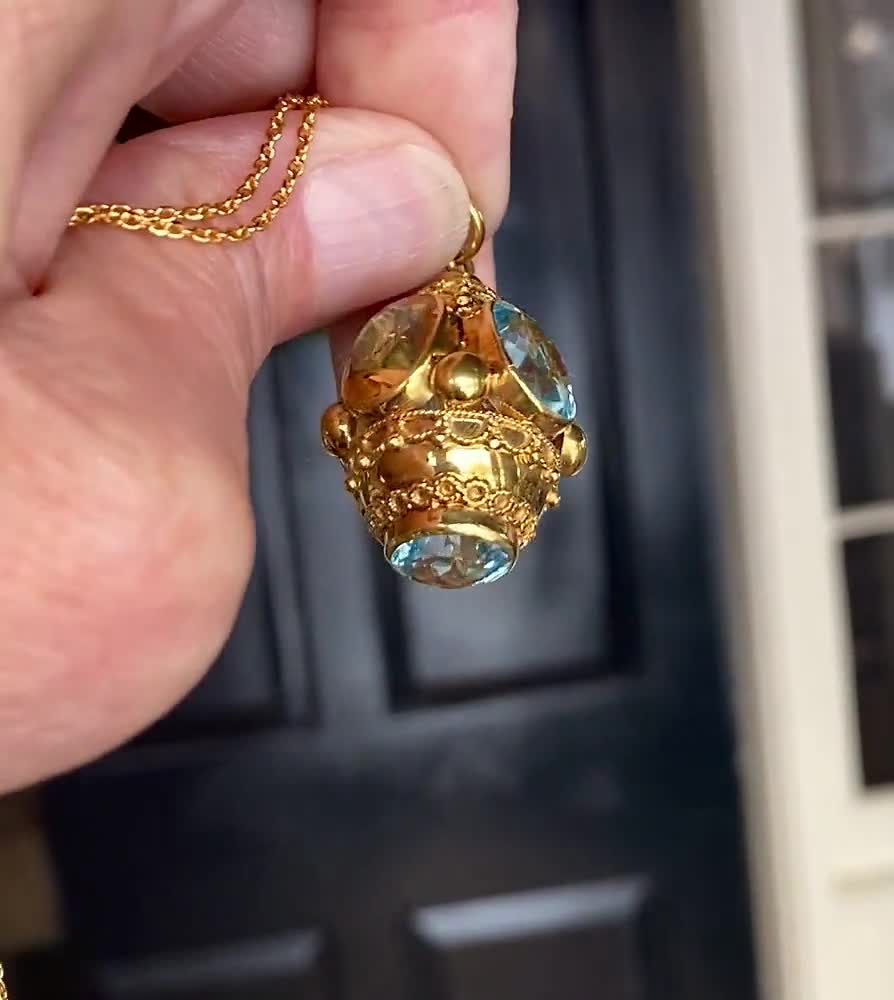 Etruscan 18K Gold Pendant, Blue Topaz Citrine Gold Pendant Necklace,  Victorian Revival Heavy Large Fob Charm, Vintage Jewelry