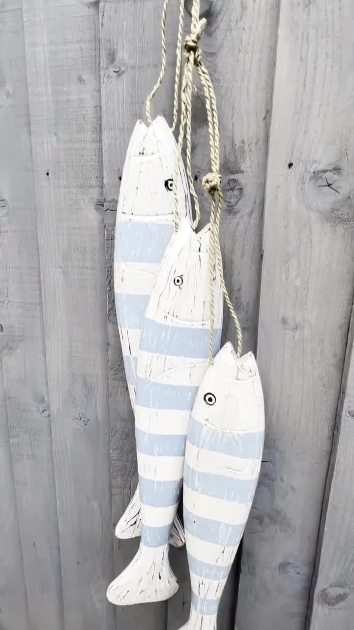 Trio of Large Wooden Striped Fish Wall Hanging Nautical Ornament