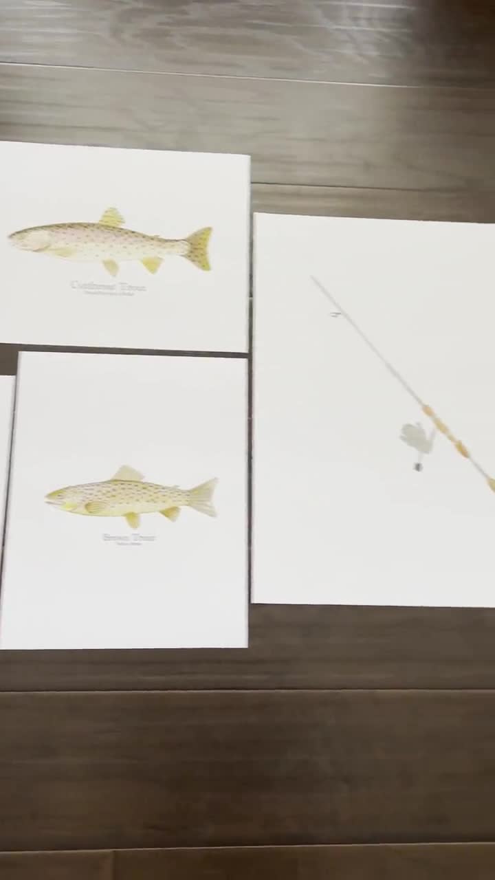 Watercolor Fishing Art Print Set, Fishing Pole, Salmon, Trout, Fishing Decor  for Nursery, Office, Kids Room, Perfect Gift for Fishing Lovers 
