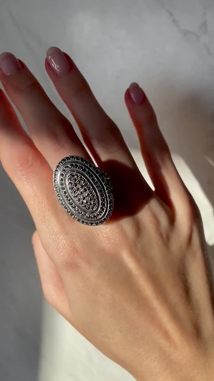 Bague Art Déco Argent Massif Avec Marcassite Et Pierres Multicolores - Taille 49