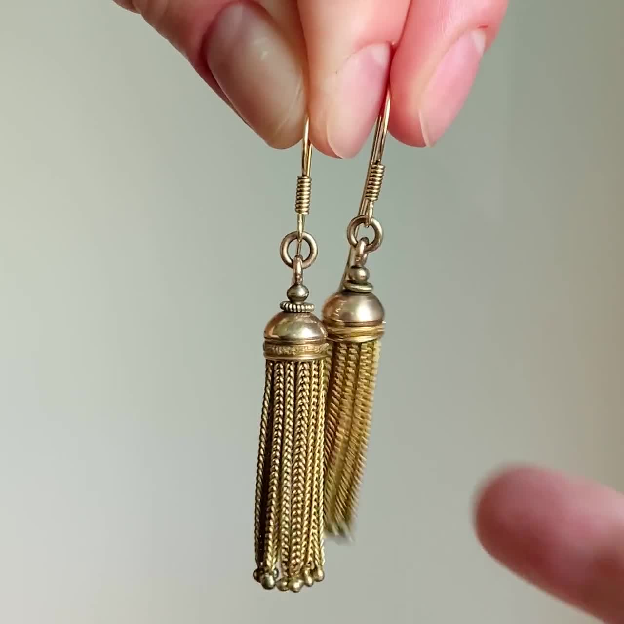 Victorian 14k Gold Long Tassel Earrings, Antique Statement Jewelry 