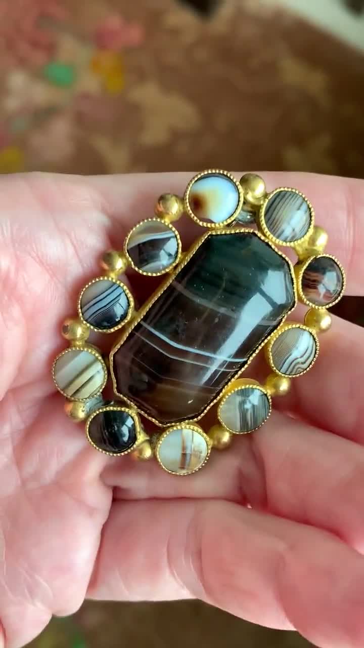 Antique Banded Agate Brooch 48mm long and 9mm wide with Gold Plated Mounts. selling