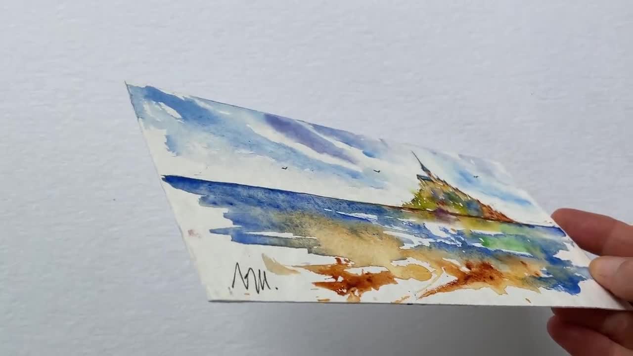 モン・サン・ミシェルのオリジナル水彩画ミニチュア、ノルマンディーの