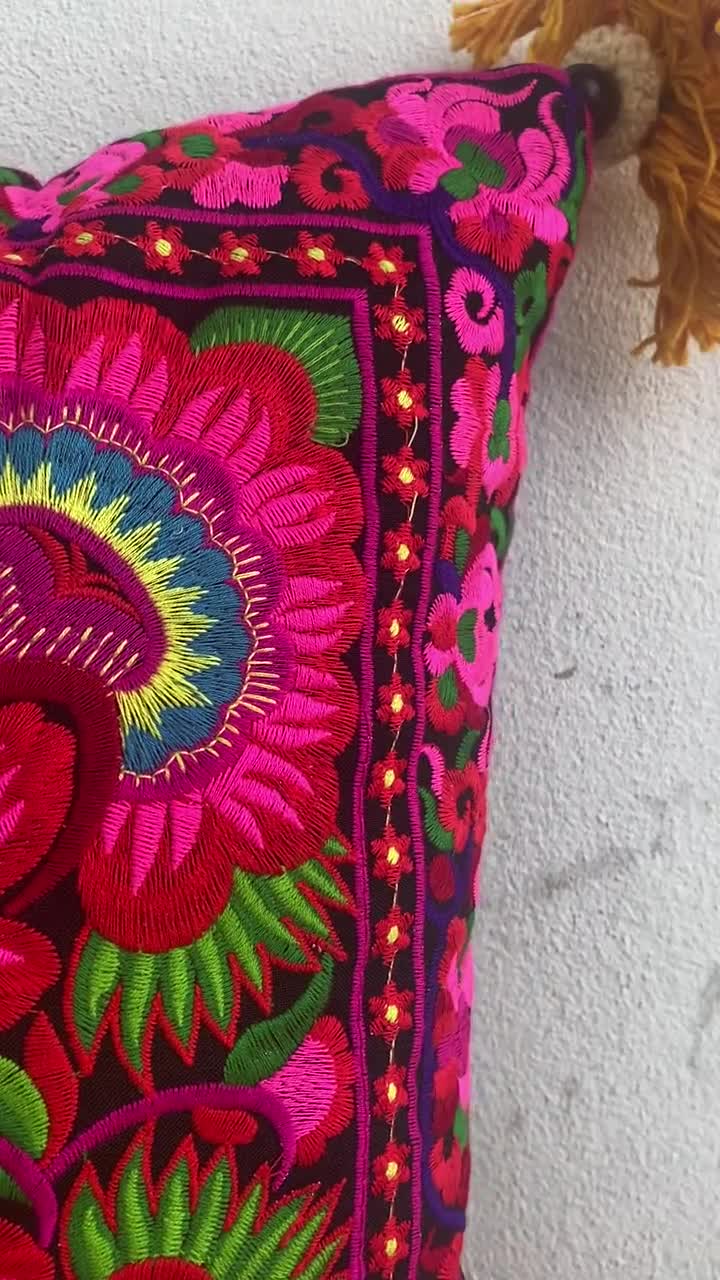 Buy 16x16 Hmong Embroidered Pillow Cover, Red Flower Pom Poms