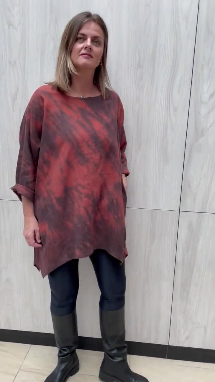 Linen Tunic in Redwood Rust Color Hand Dyed Marble Effect Tie Dye Shibori  Womens Tunic Dress / Oversized Slow Fashion Kaftan