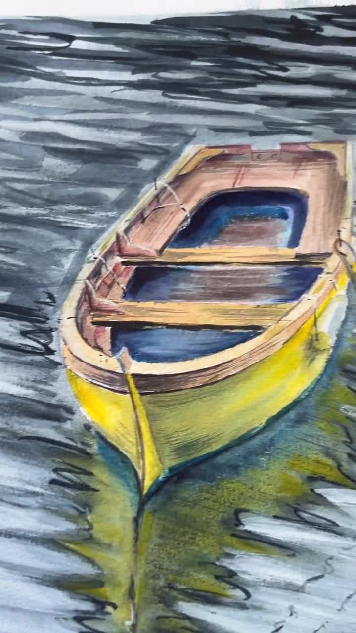 オリジナルの水彩画ボートの絵画。11x11 インチの水彩画ボートの絵画