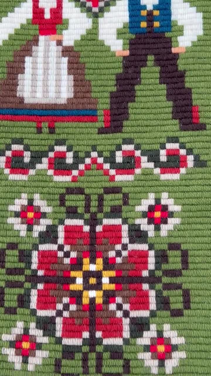 Vintage Norwegian Homemade Tapestry Wall Hanging or Table Runner, Wool Embroidery with Handmade Metal Hanger from Both Sides video poster