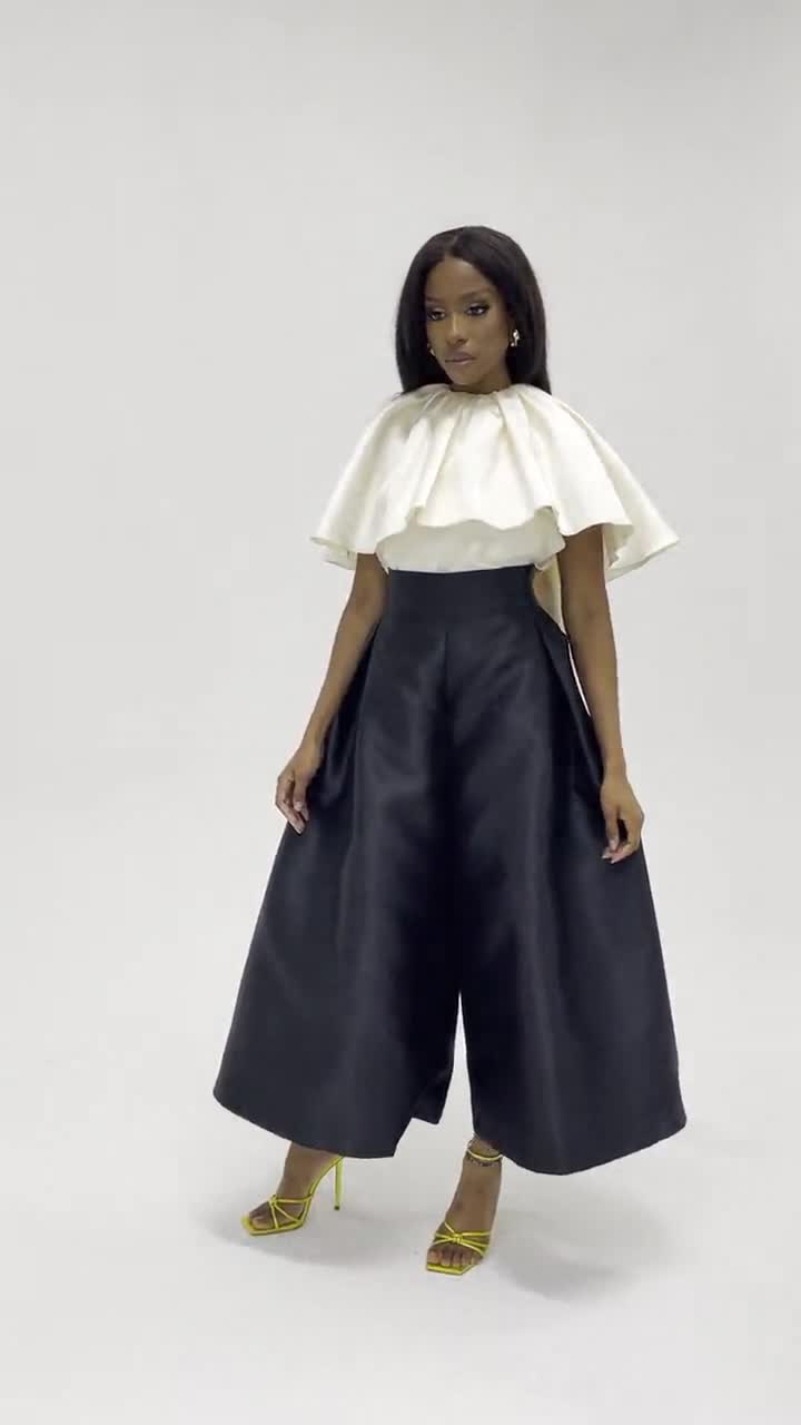 Black Silk Taffeta Culottes: High-waisted Pleated Party Pants - Etsy
