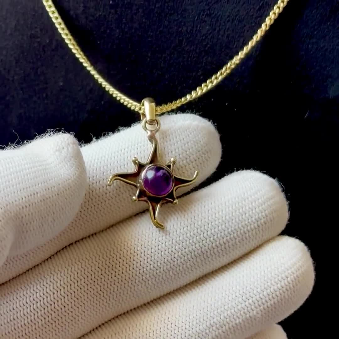 美しいアメジスト真鍮ネックレス、真鍮ペンダント、ボヘミアン