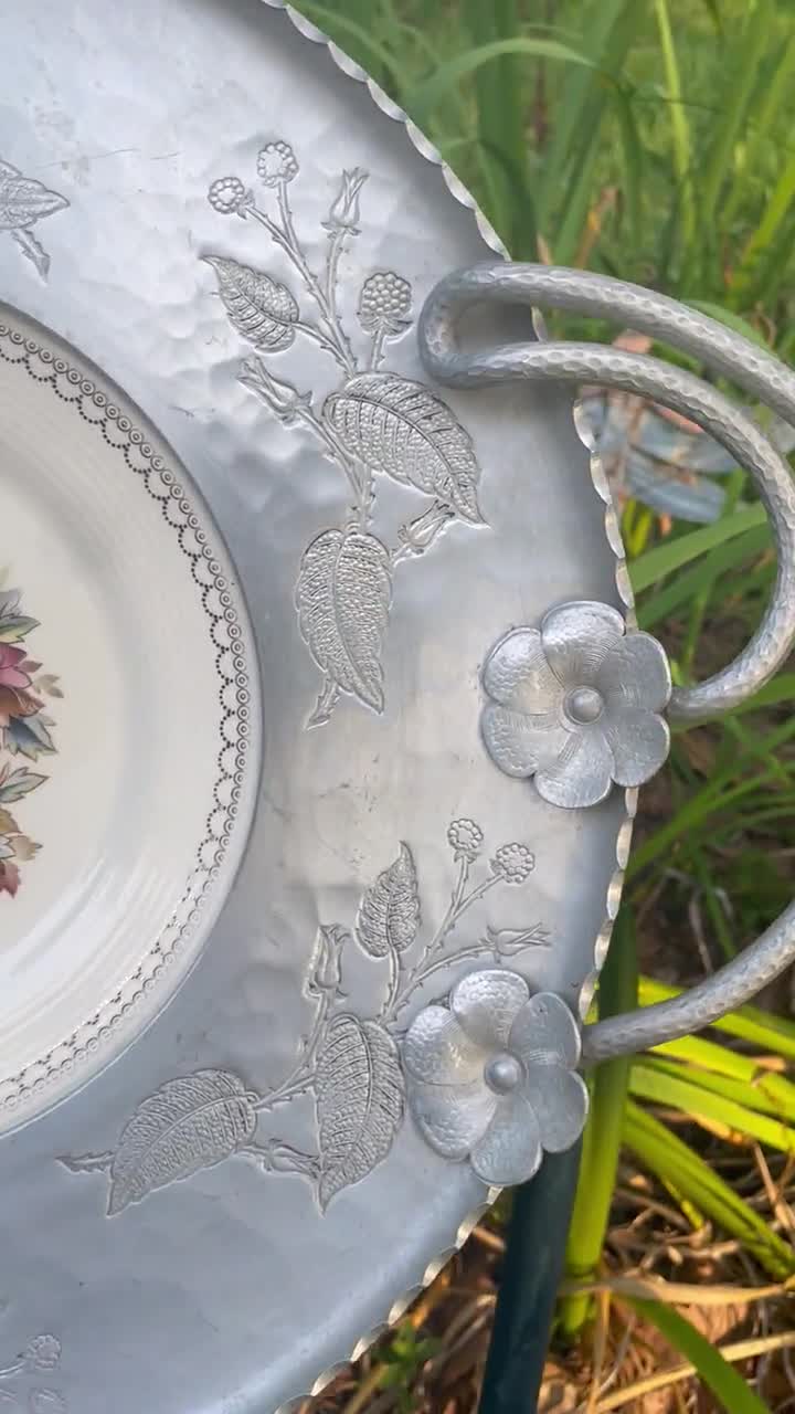 Vintage Farberware Hammered Aluminum Platter, Plate, Tray: Etched