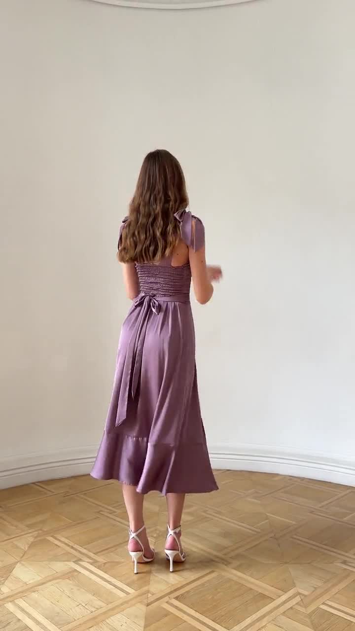 purple midi bridesmaid dresses Violet slip midi dress Dark purple off shoulder straps back Elegant dr Koutun Dress