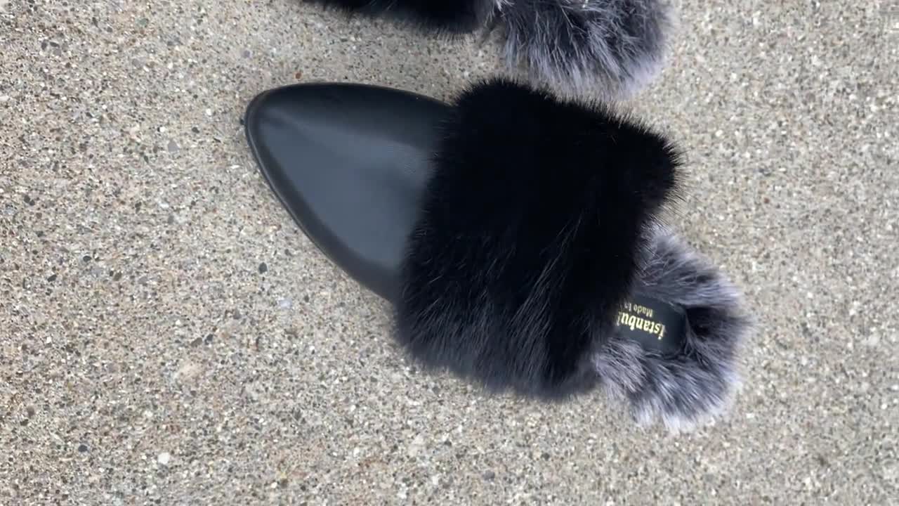 Elegant Womens Genuine Leather Mink Fur Slippers Soft Fur Flip 