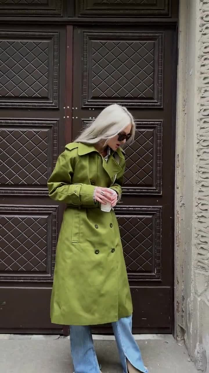 Chartreuse trench coat Apple green trench coat Oversized spring coat with belt Long trench coat Double breasted lightweight overcoat