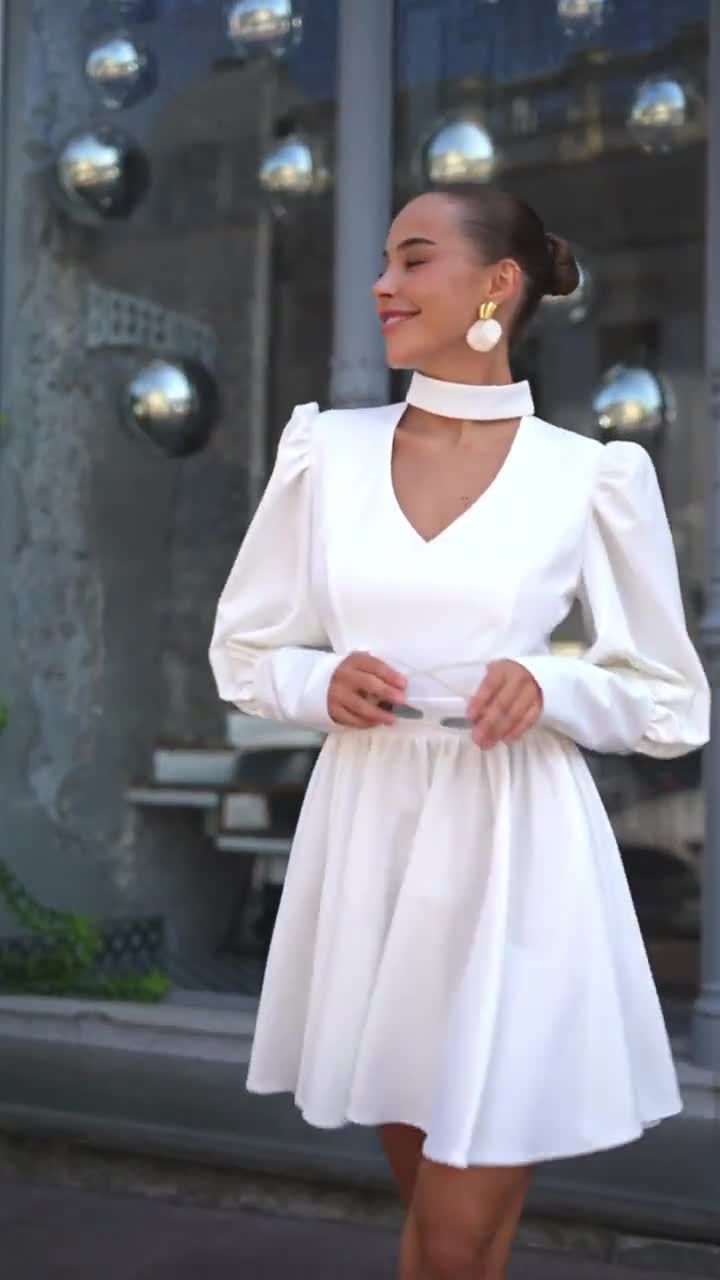 white long sleeve choker dress Solid Color Bodycon Choker Dress In WHITE