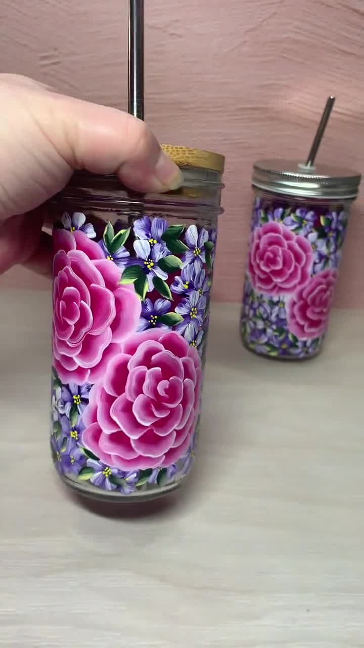 Hand-painted Floral Glass Tumbler, 24 Oz Mega Pint Mason Jar With Wide  Mouth Metal or Bamboo Lid Choose to Add Lid and Straw 
